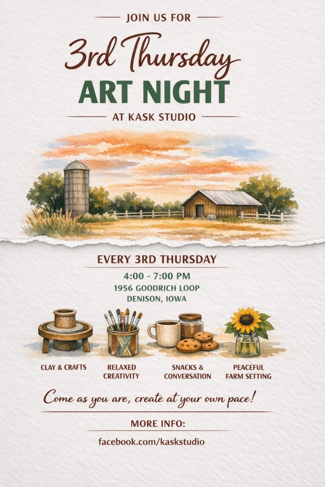 Kask Studio flyer advertising Art Night every third Thursday from 4 to 7 PM at 1956 Goodrich Loop, Denison, Iowa